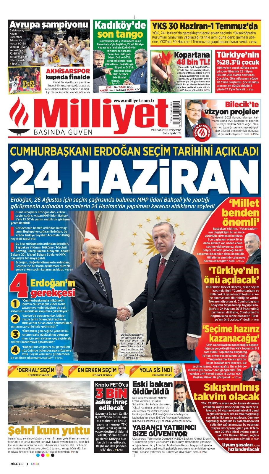 Gazete manşetleri 19 Nisan 2018 Hürriyet - Sözcü - Habertürk