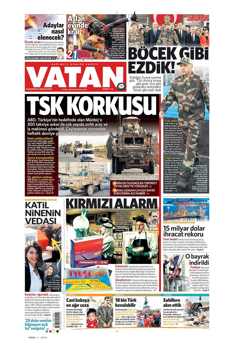 Gazete manşetleri  2 Nisan 2018 Hürriyet - Sözcü - Fanatik