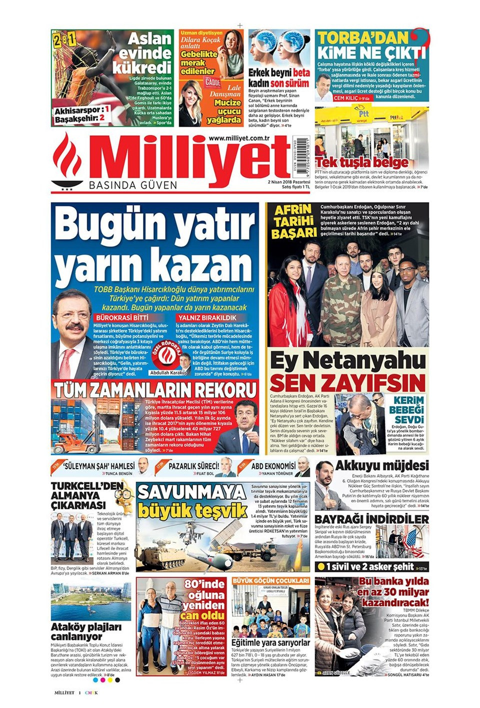 Gazete manşetleri  2 Nisan 2018 Hürriyet - Sözcü - Fanatik