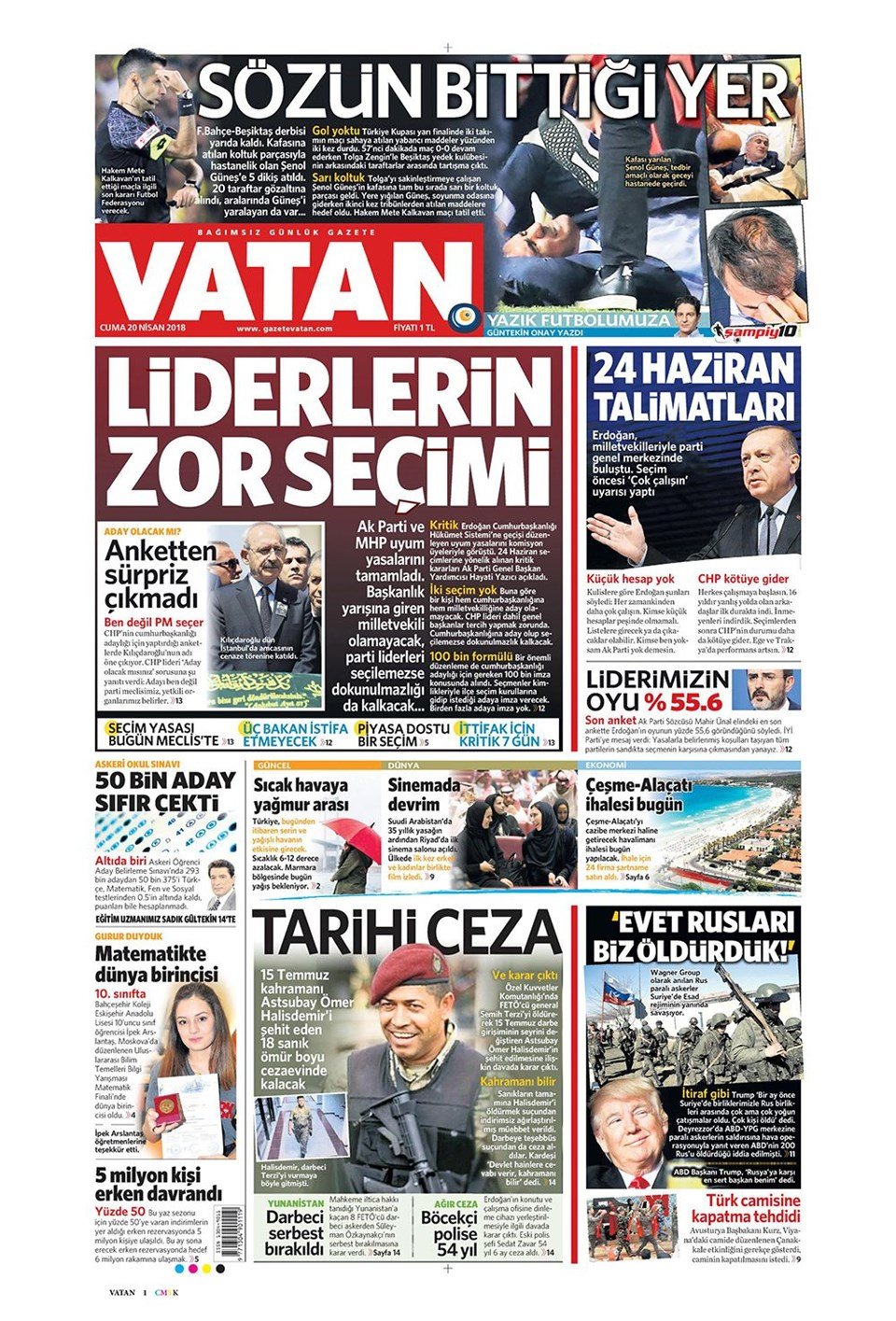 Gazete manşetleri 20 Nisan 2018 Hürriyet - Sözcü - Fanatik