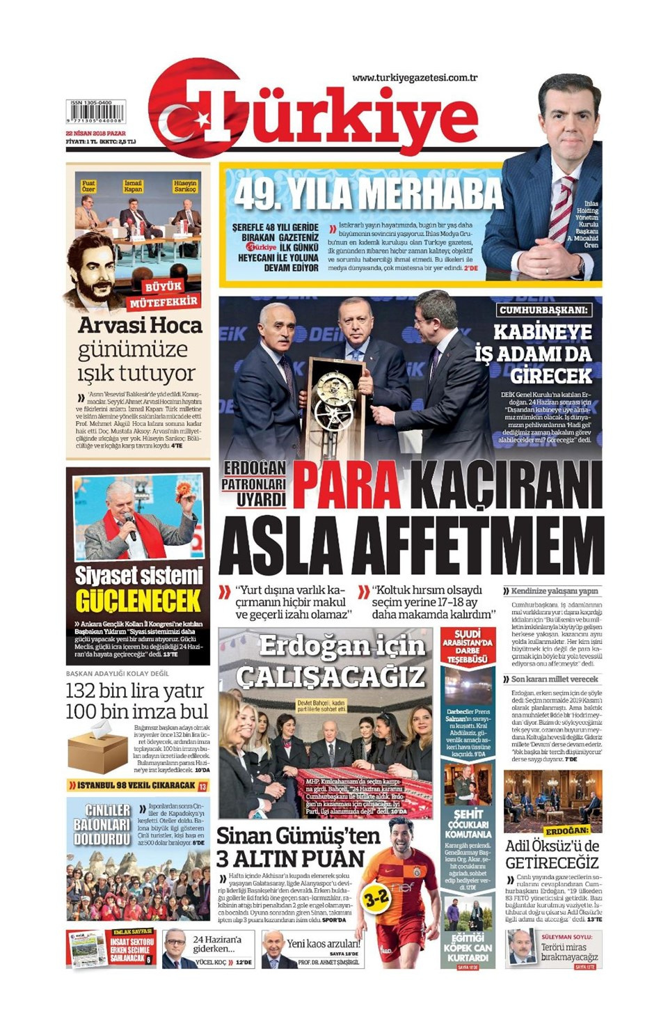 Gazete manşetleri 22 Nisan 2018 Hürriyet - Sözcü - Fanatik