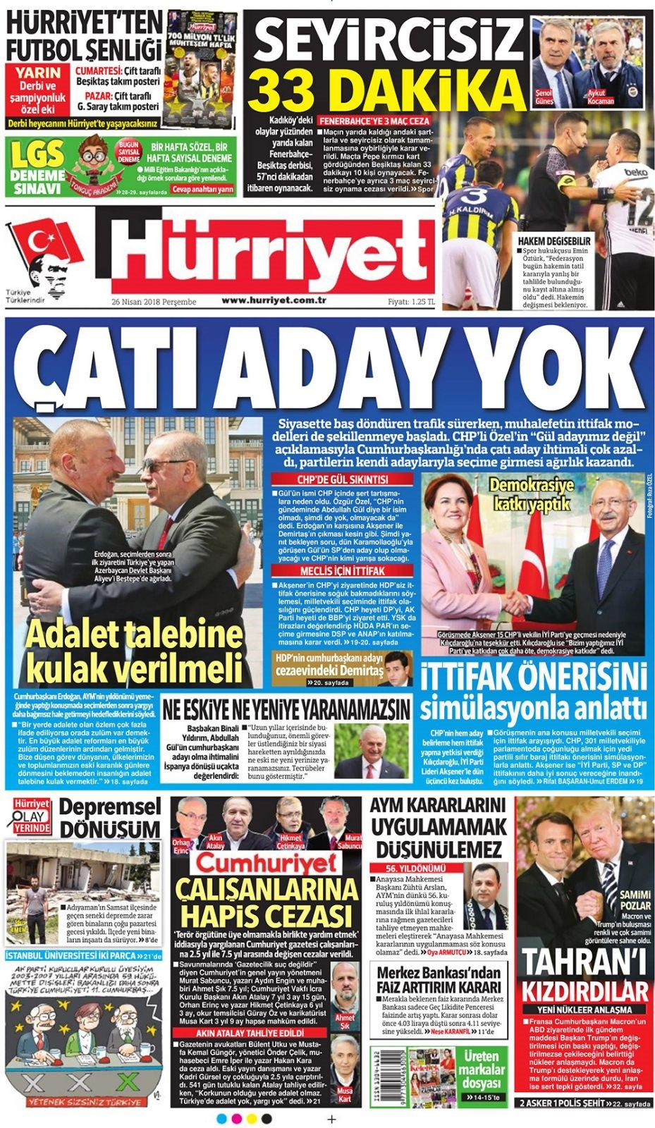 Gazete manşetleri 25 Nisan 2018 Hürriyet - Sözcü - Fanatik