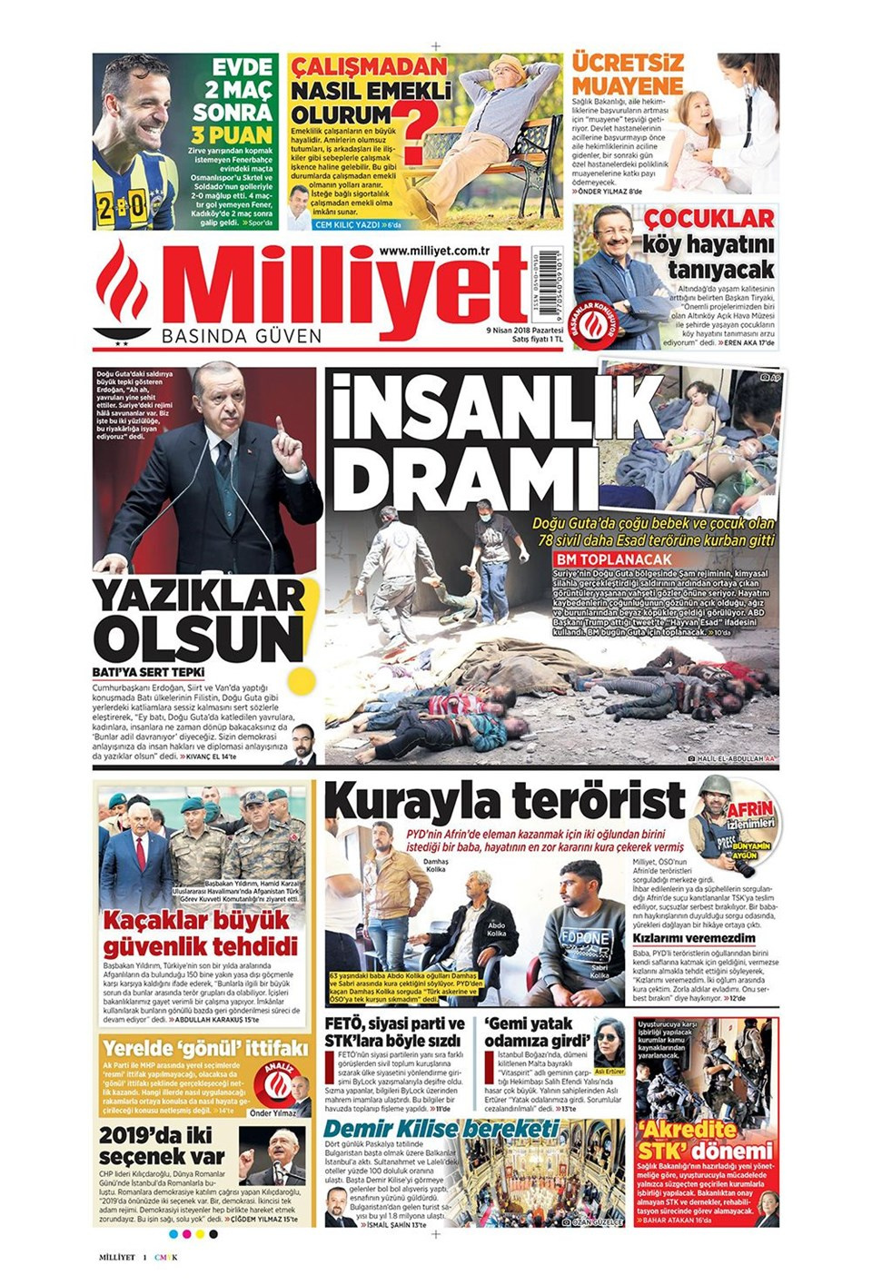 Gazete manşetleri 9 Nisan 2018 Hürriyet - Sözcü - Fanatik