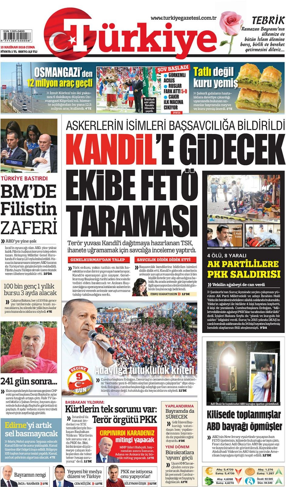 Gazete manşetleri 15 Haziran 2018 Hürriyet - Sözcü - Habertürk