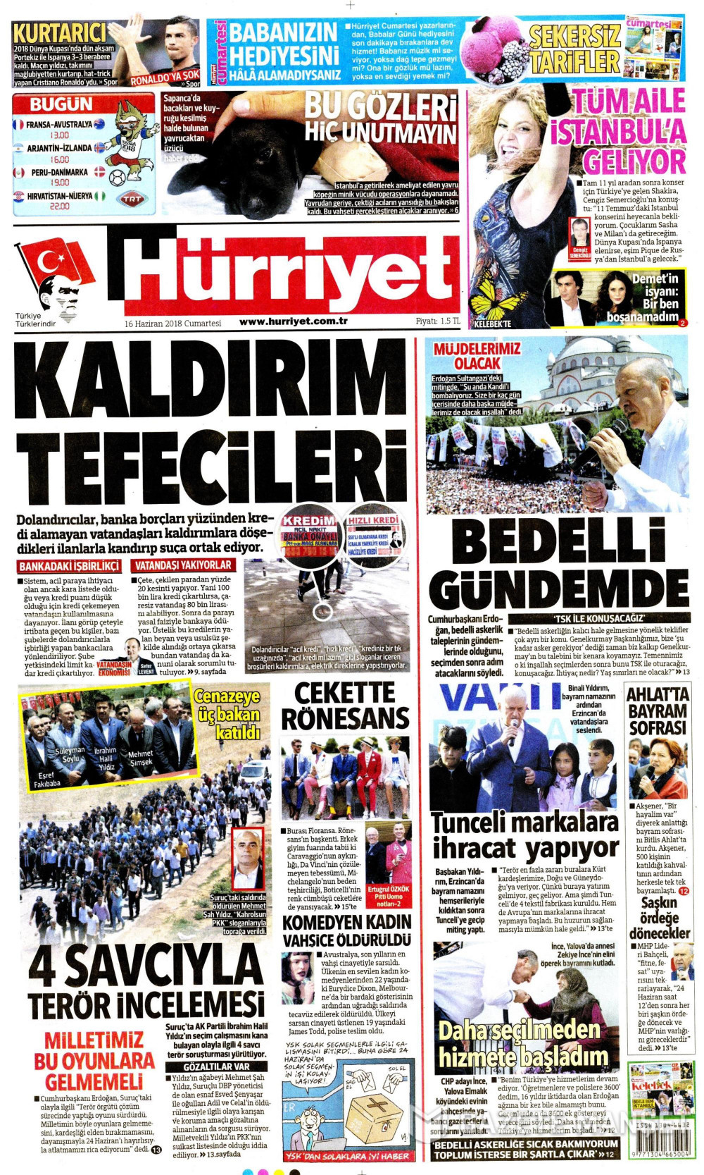Gazete manşetleri 16 Haziran 2018 Hürriyet - Sözcü - Habertürk