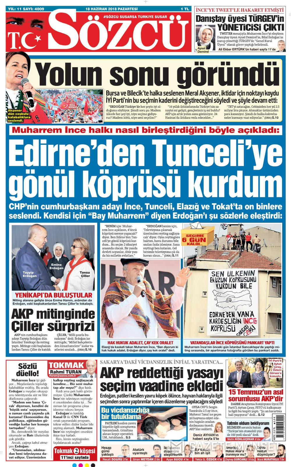Gazete manşetleri 18 Haziran 2018 Hürriyet - Sözcü - Habertürk