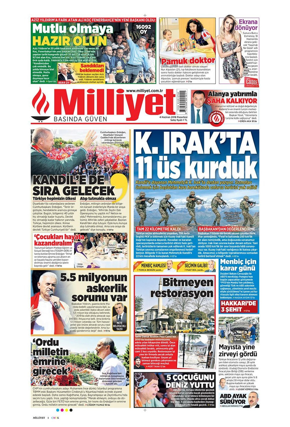 Gazete manşetleri 4 Haziran 2018 Hürriyet - Sözcü - Fanatik