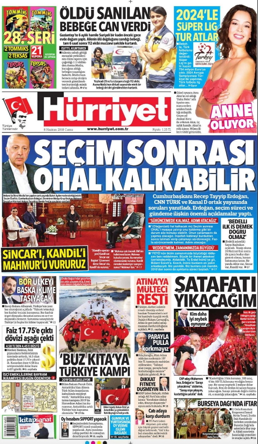 Gazete manşetleri 8 Haziran 2018 Hürriyet - Sözcü - Habertürk