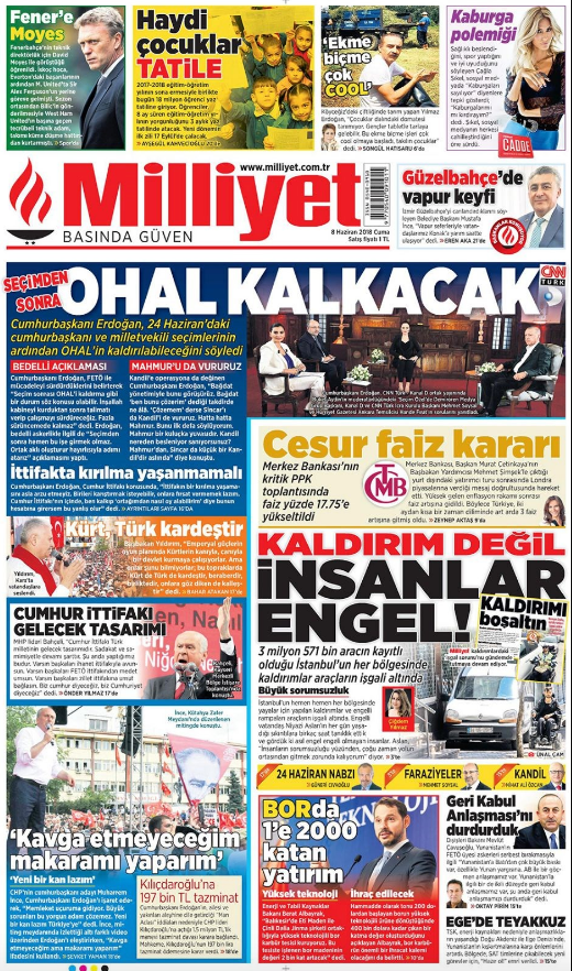 Gazete manşetleri 8 Haziran 2018 Hürriyet - Sözcü - Habertürk