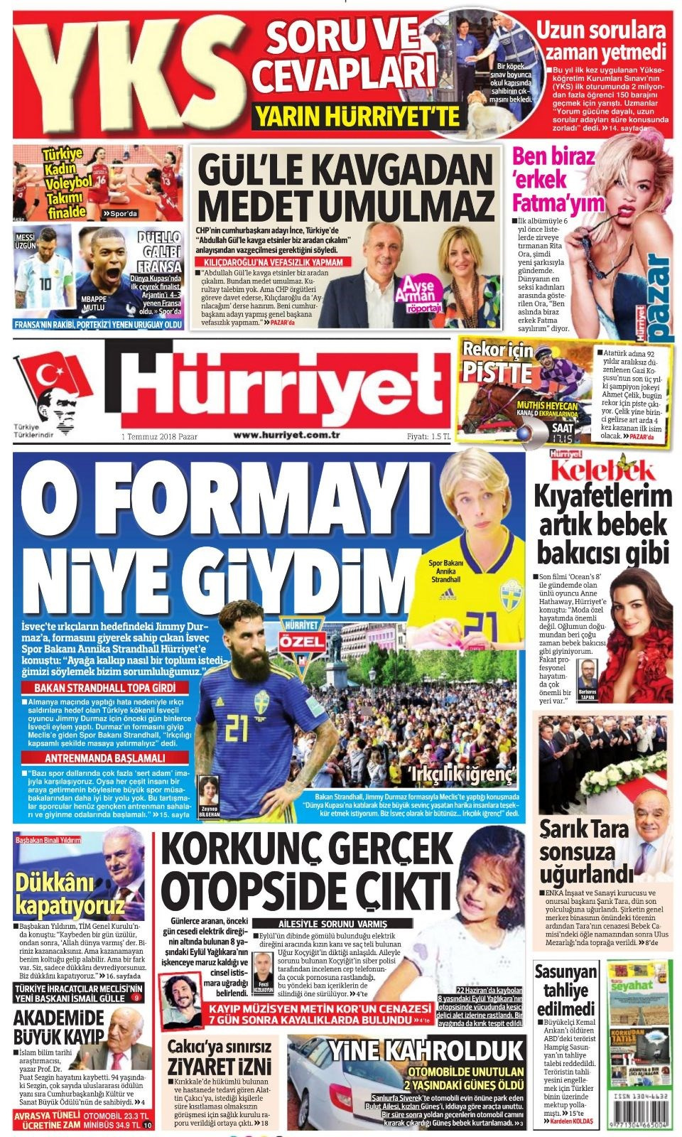 Gazete manşetleri 1 Temmuz 2018 Hürriyet - Sözcü - Fanatik