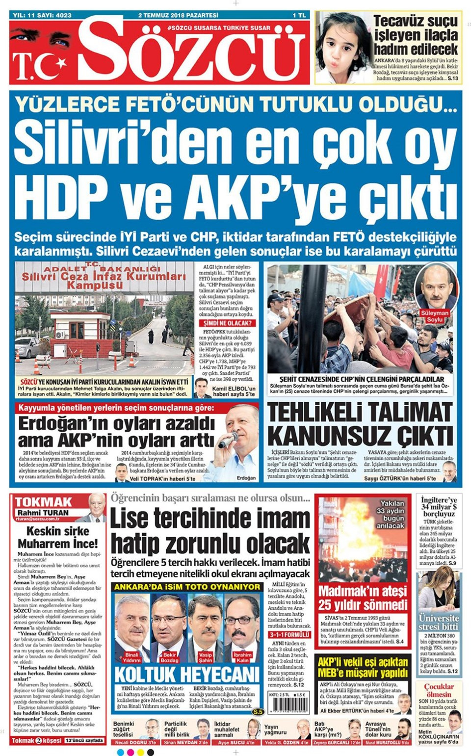 Gazete manşetleri 2 Temmuz 2018 Hürriyet - Sözcü - Habertürk