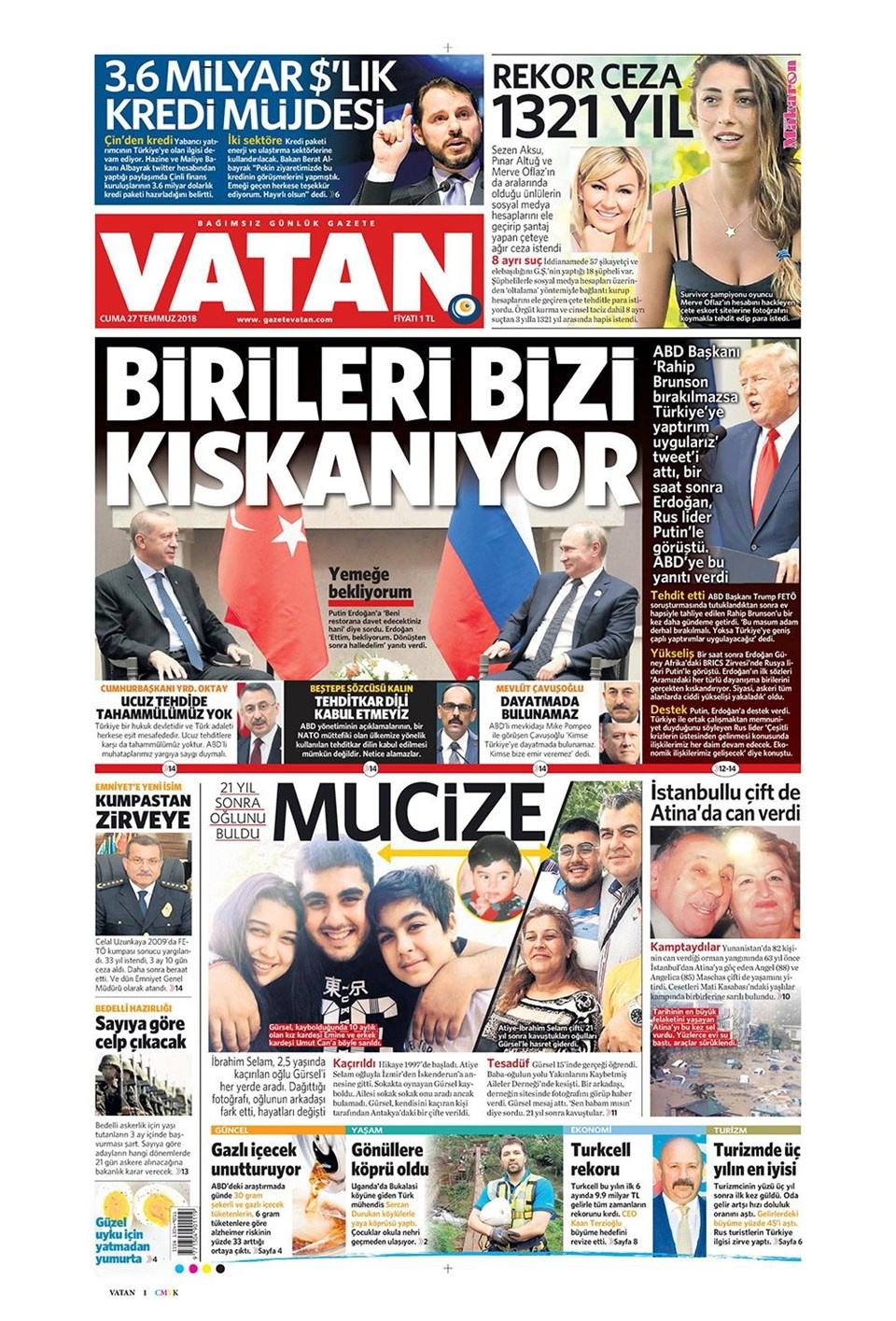 Gazete manşetleri 27 Temmuz 2018 Hürriyet - Posta - Sabah