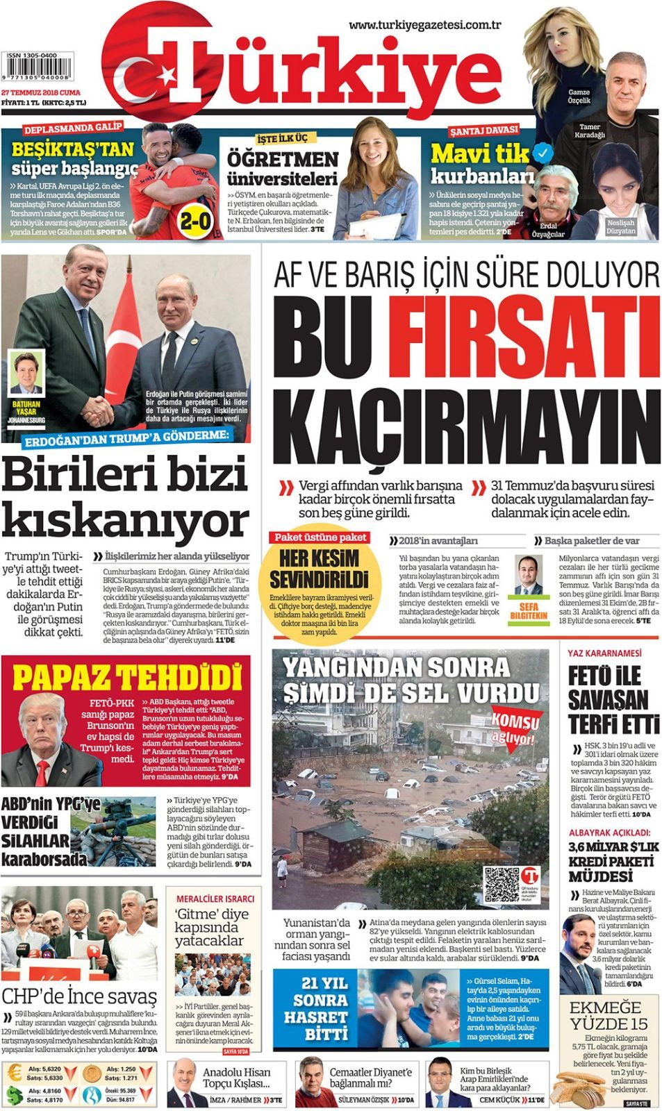 Gazete manşetleri 27 Temmuz 2018 Hürriyet - Posta - Sabah