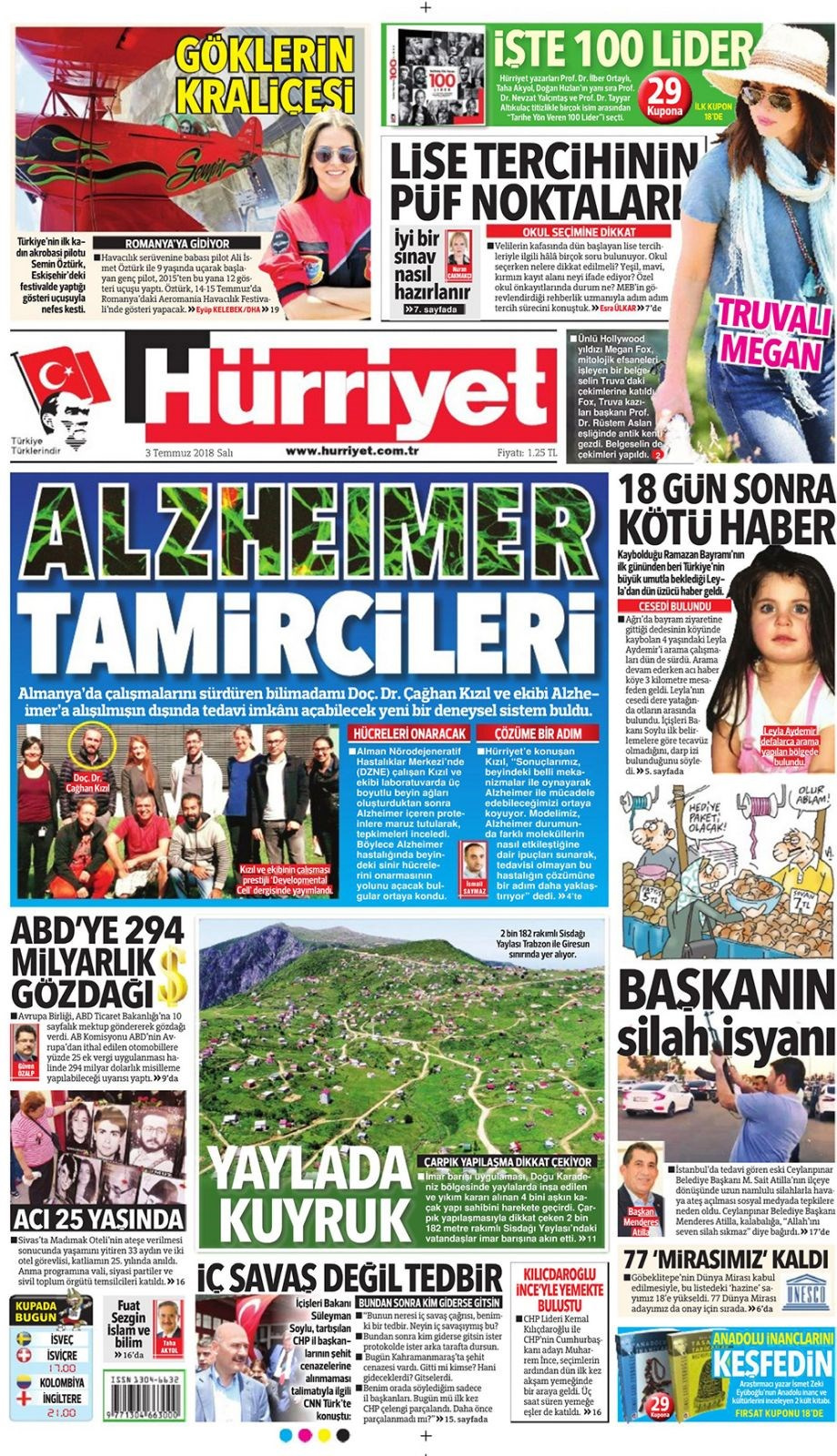 Gazete manşetleri 3 Temmuz 2018 Hürriyet - Sözcü - Habertürk