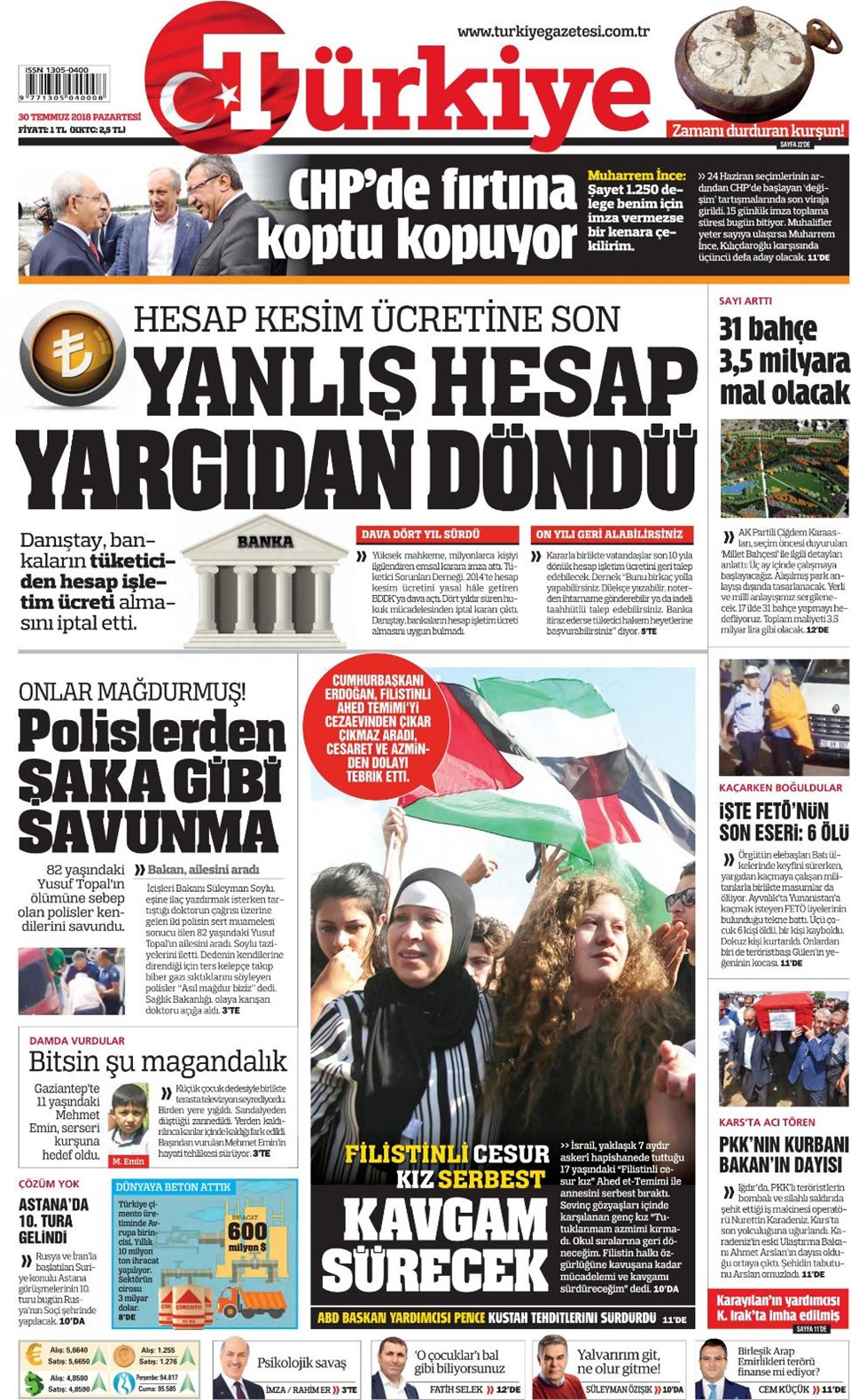 Gazete manşetleri 30 Temmuz 2018 Hürriyet - Posta - Sabah