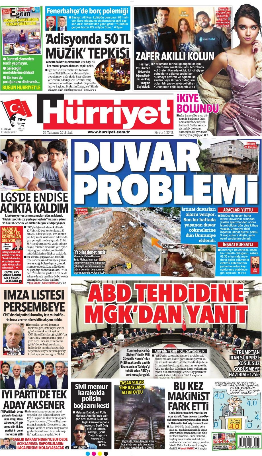 Gazete manşetleri 31 Temmuz 2018 Hürriyet - Posta - Sabah