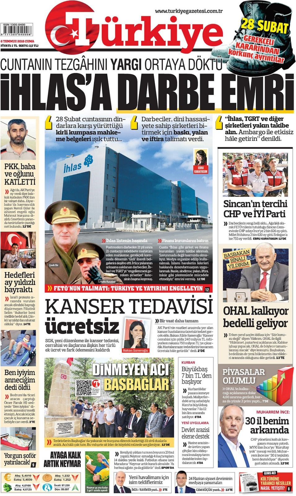 Gazete manşetleri 6 Temmuz 2018 Hürriyet - Sözcü - Posta