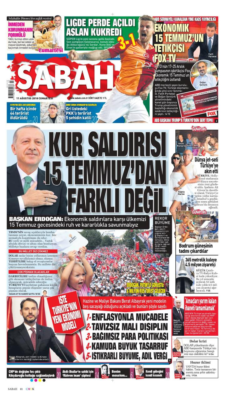 Gazete manşetleri 11 Ağustos 2018 Sözcü - Sabah - Hürriyet - Milliyet