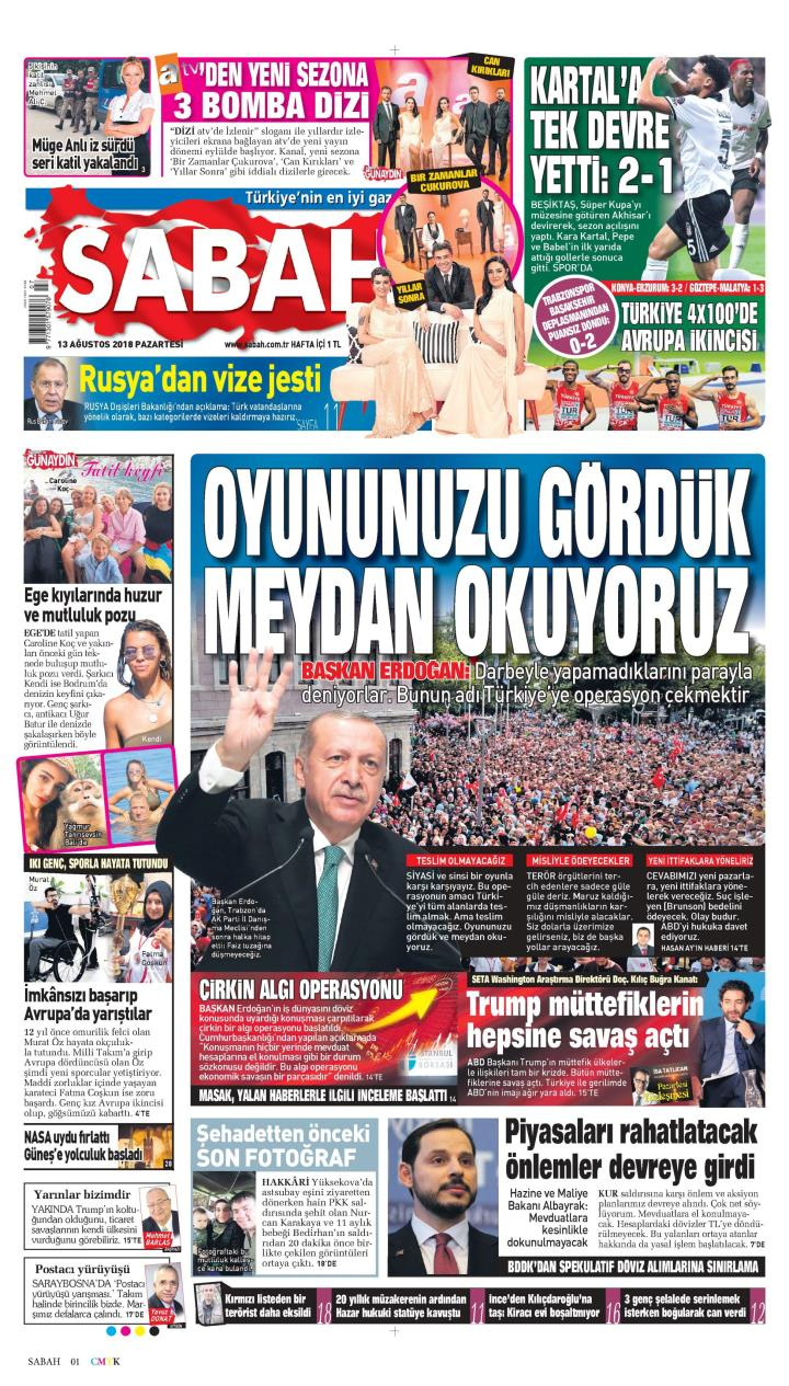 Gazete manşetleri 13 Ağustos 2018 Yeni Şafak - Sabah - Posta - Milliyet