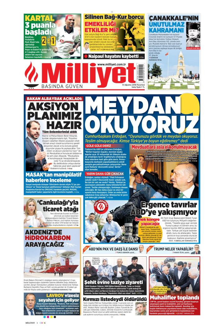 Gazete manşetleri 13 Ağustos 2018 Yeni Şafak - Sabah - Posta - Milliyet