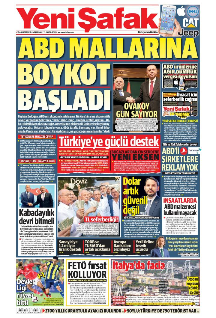 Gazete manşetleri 15 Ağustos 2018 Milliyet - Sabah - Yeni Şafak - Hürriyet