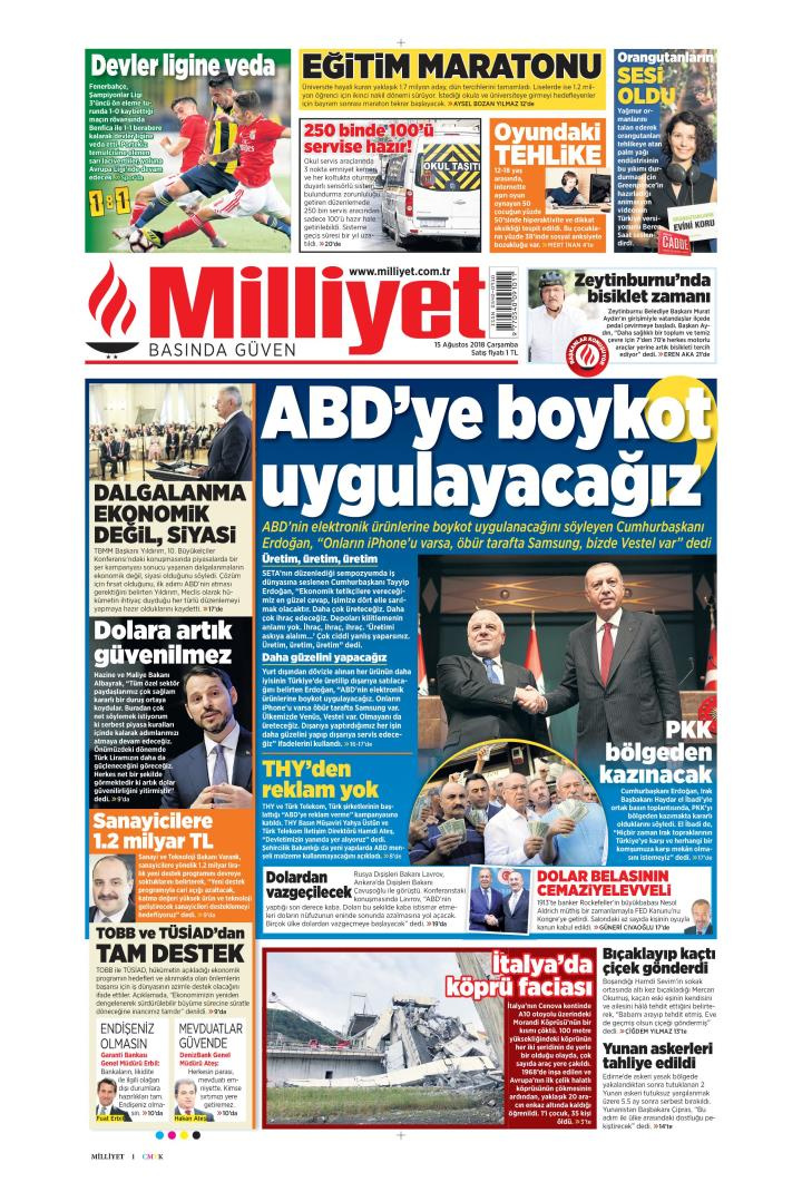Gazete manşetleri 15 Ağustos 2018 Milliyet - Sabah - Yeni Şafak - Hürriyet