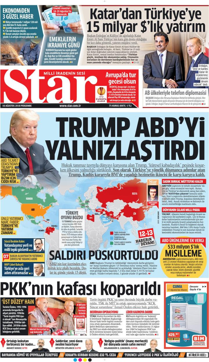 Gazete manşetleri 16 Ağustos 2018 Sabah - Yeni Şafak - Hürriyet - Sözcü
