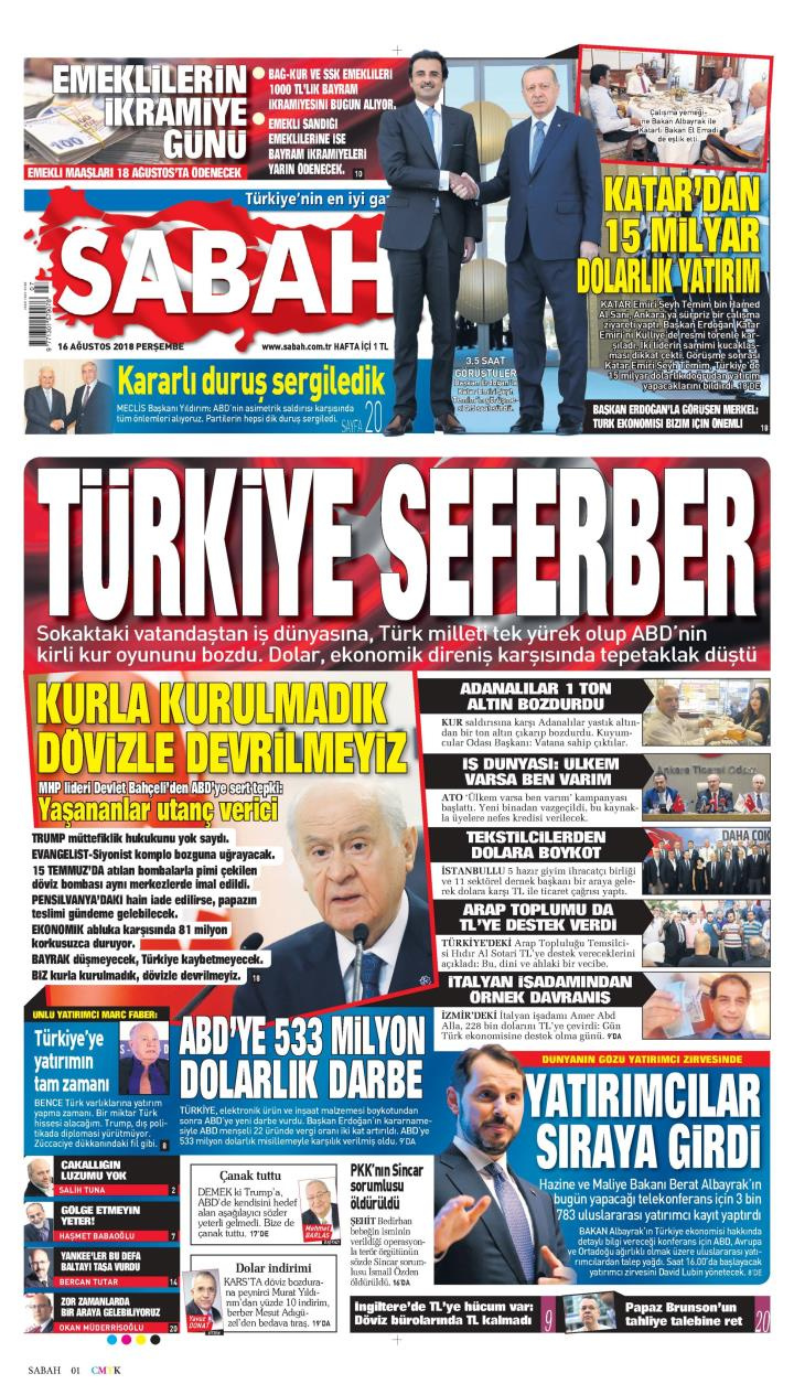 Gazete manşetleri 16 Ağustos 2018 Sabah - Yeni Şafak - Hürriyet - Sözcü