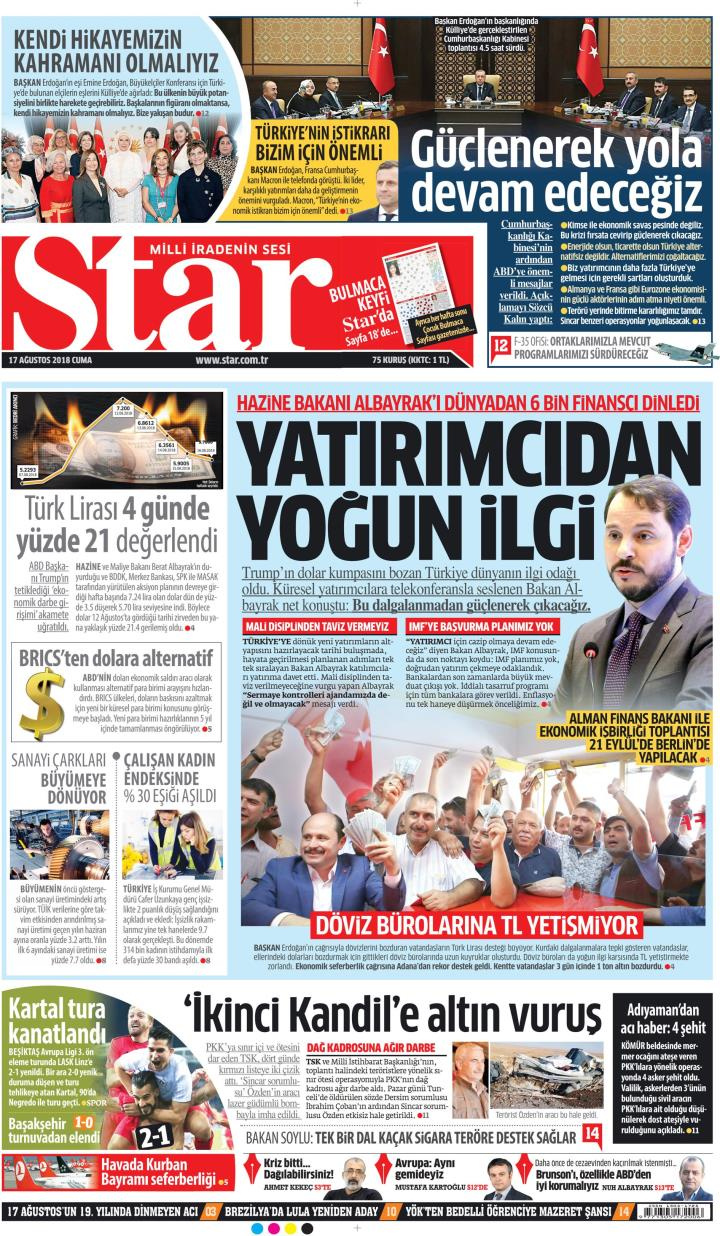 Gazete manşetleri 17 Ağustos 2018 Sözcü - Sabah - Hürriyet - Posta