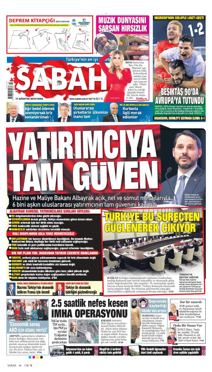 Gazete manşetleri 17 Ağustos 2018 Sözcü - Sabah - Hürriyet - Posta