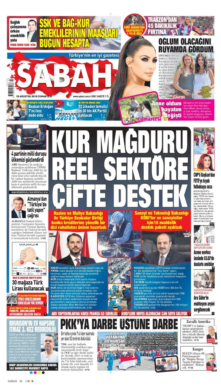 Gazete manşetleri 18 Ağustos 2018 Sabah - Yeni Şafak - Hürriyet - Sözcü
