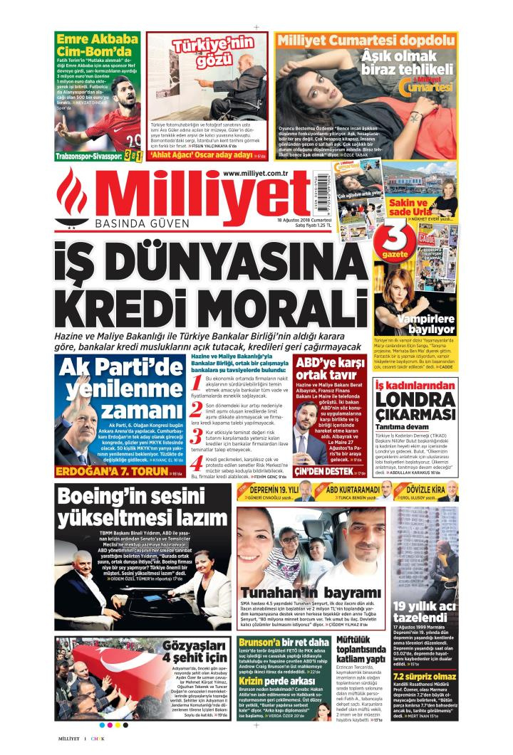 Gazete manşetleri 18 Ağustos 2018 Sabah - Yeni Şafak - Hürriyet - Sözcü