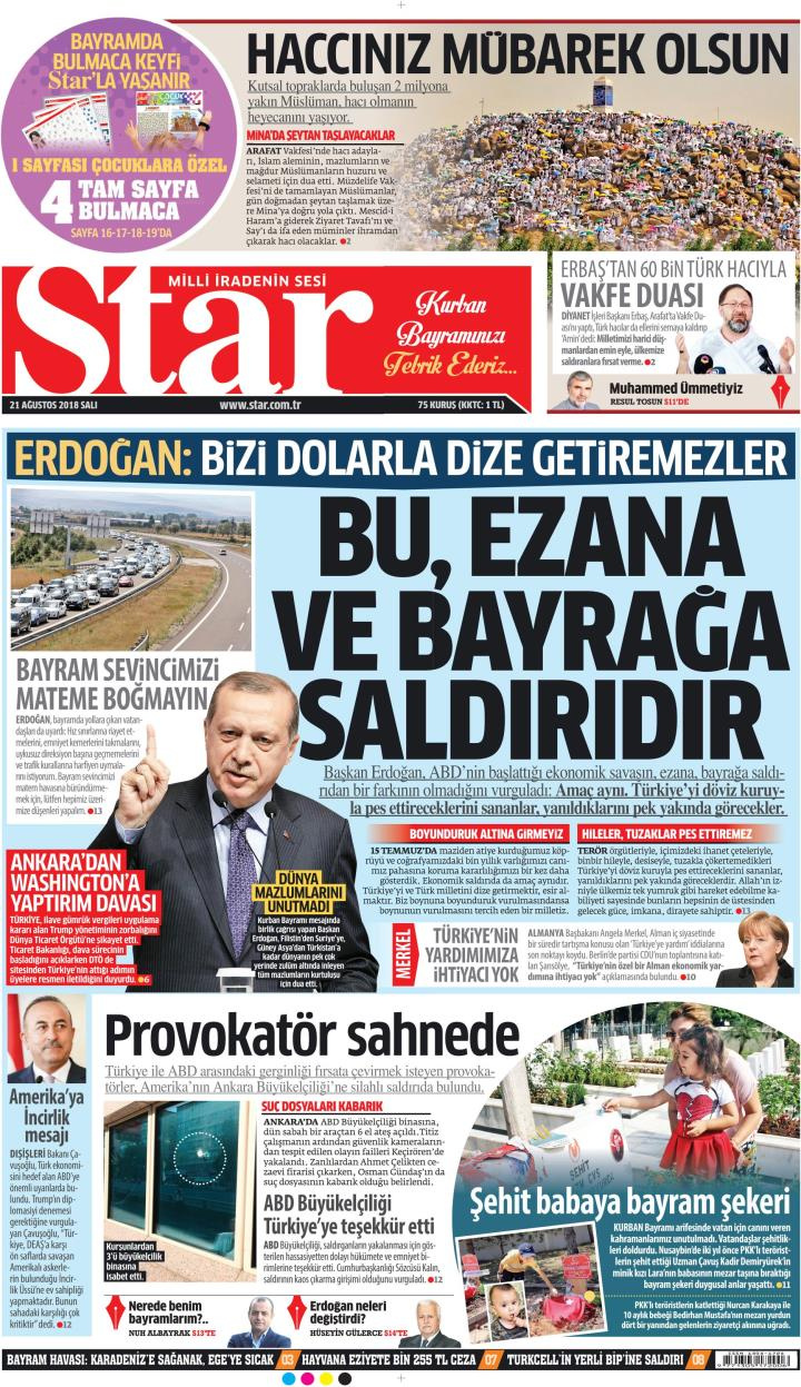 Gazete manşetleri 21 Ağustos 2018 Sabah - Posta - Milliyet - Hürriyet
