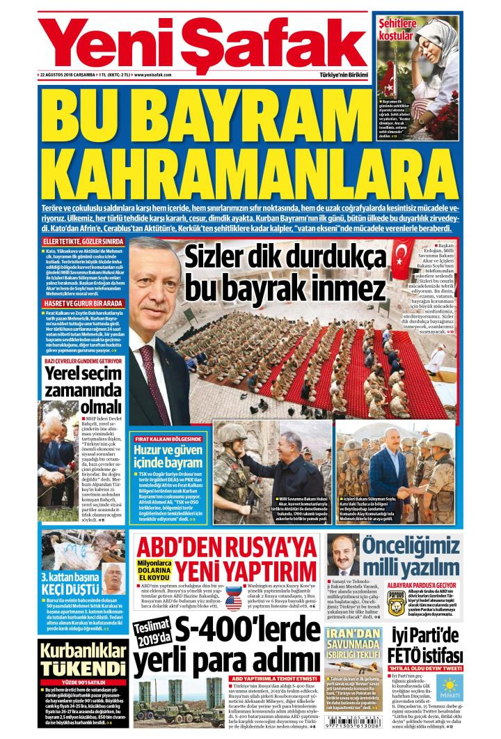Gazete manşetleri 22 Ağustos 2018 Milliyet - Posta - Sabah - Sözcü