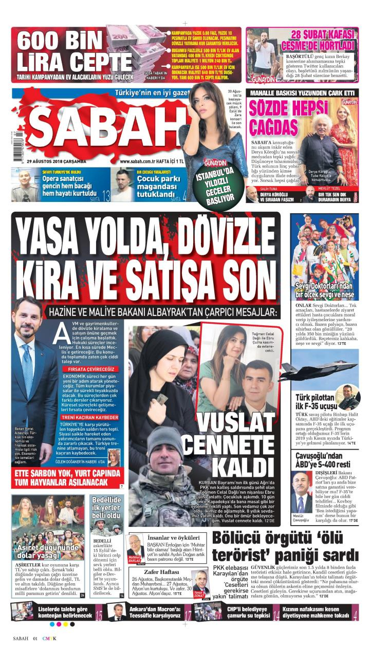 Gazete manşetleri 29 Ağustos 2018 Milliyet - Posta - Sabah - Sözcü