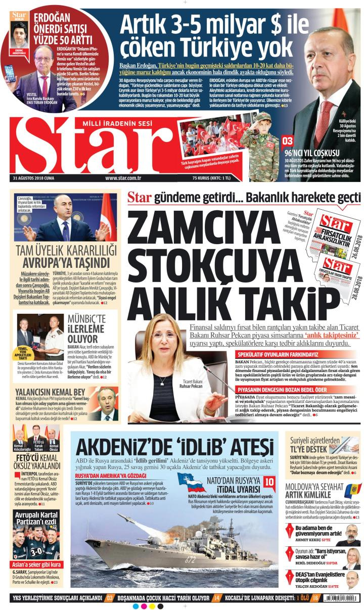 Gazete manşetleri 31 Ağustos 2018 Yeni Şafak - Hürriyet - Sabah - Sözcü