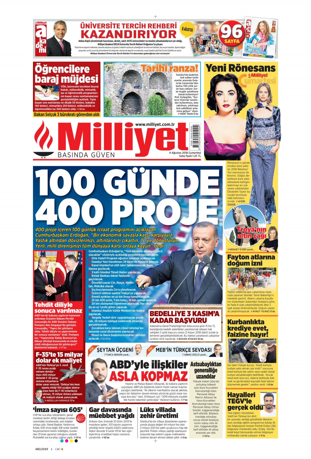 Gazete manşetleri 4 Ağustos 2018 Sabah - Posta - Hürriyet - Milliyet
