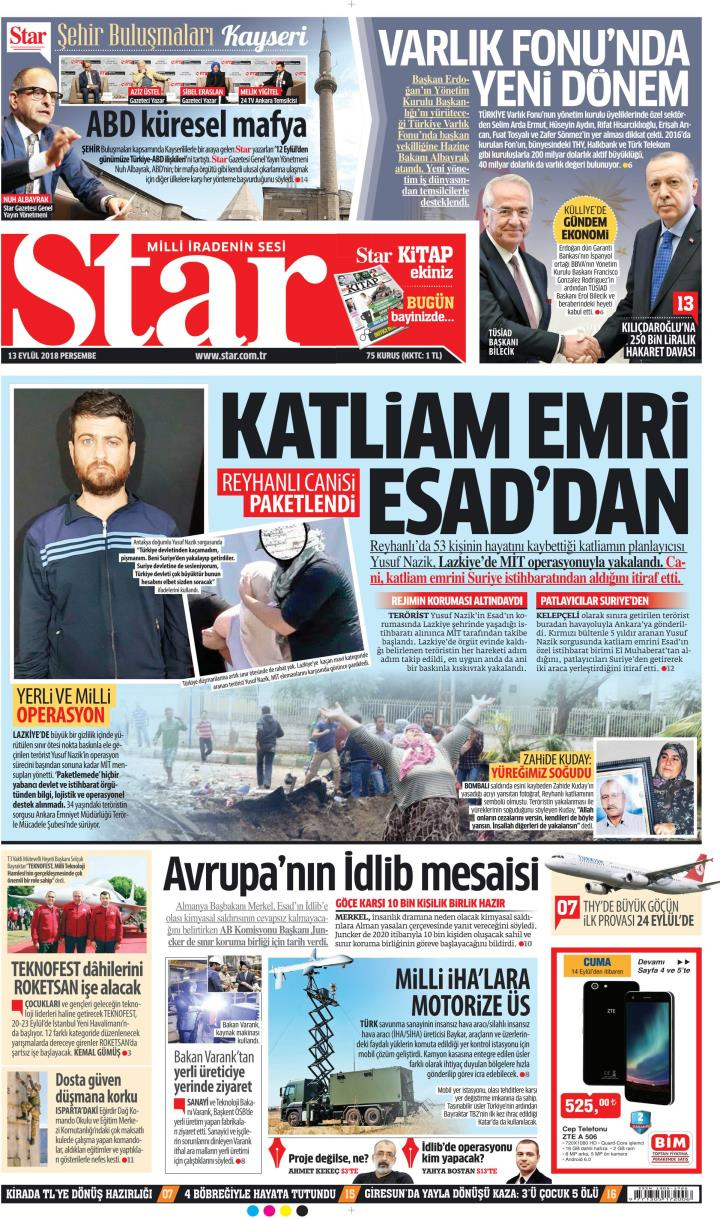 Gazete manşetleri 13 Eylül 2018 Sabah - Yeni Şafak - Milliyet - Hürriyet