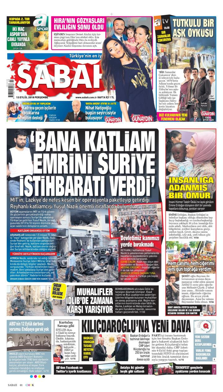 Gazete manşetleri 13 Eylül 2018 Sabah - Yeni Şafak - Milliyet - Hürriyet