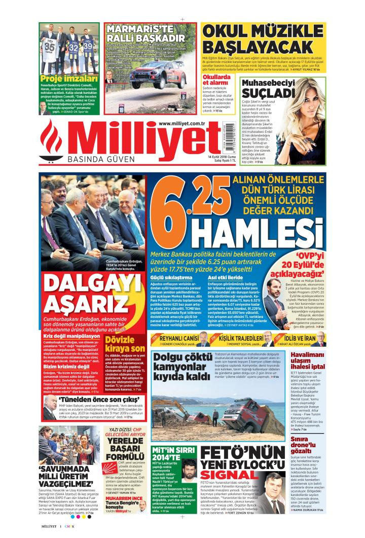 Gazete manşetleri 14 Eylül 2018 Sözcü - Posta - Milliyet - Hürriyet