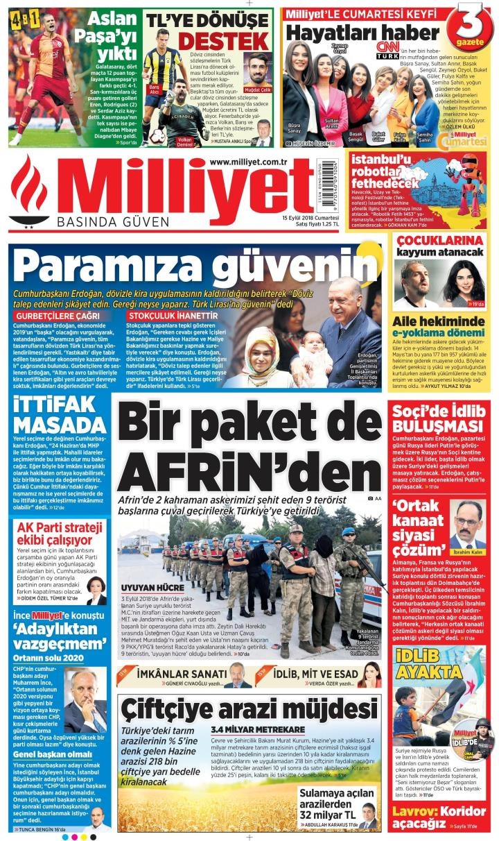 Gazete manşetleri 15 Eylül 2018 Sözcü - Sabah - Milliyet - Posta
