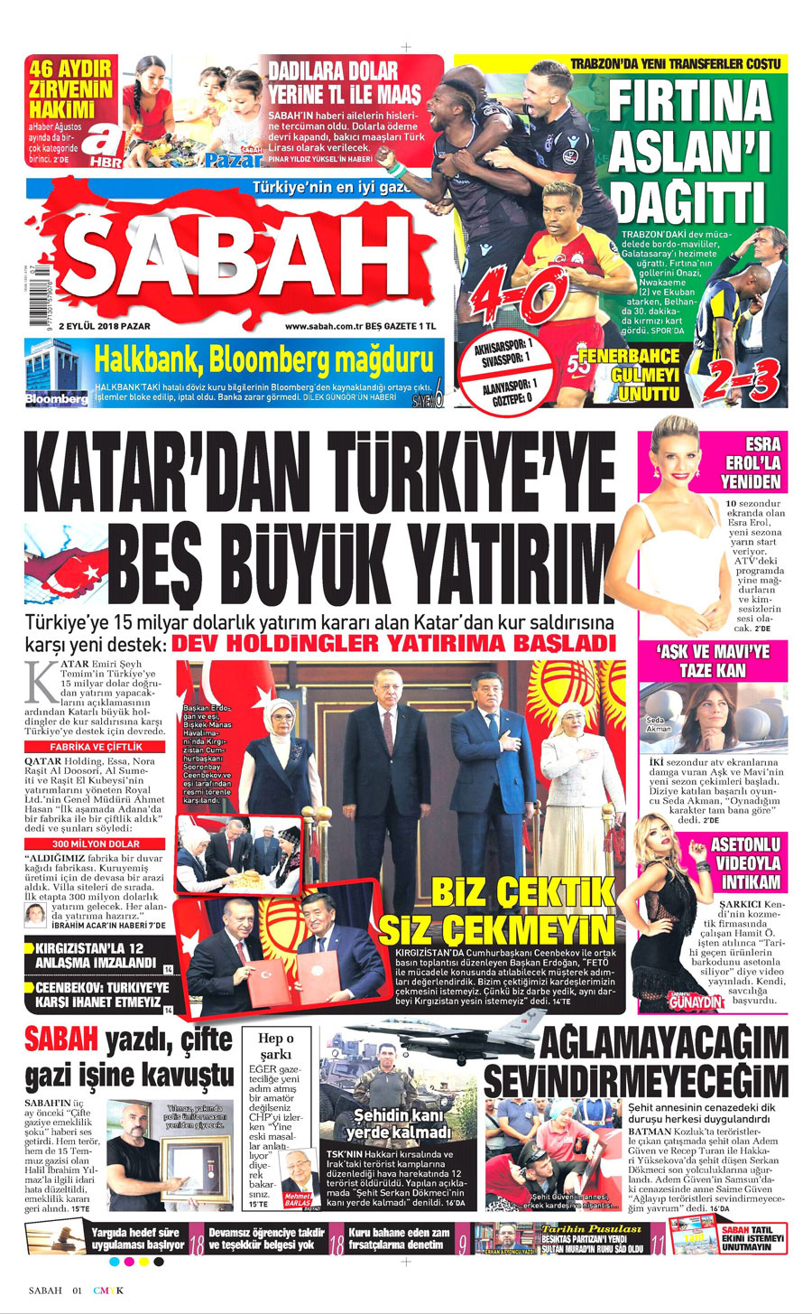 Gazete manşetleri 2 Eylül 2018 Sabah - Hürriyet - Milliyet - Sözcü