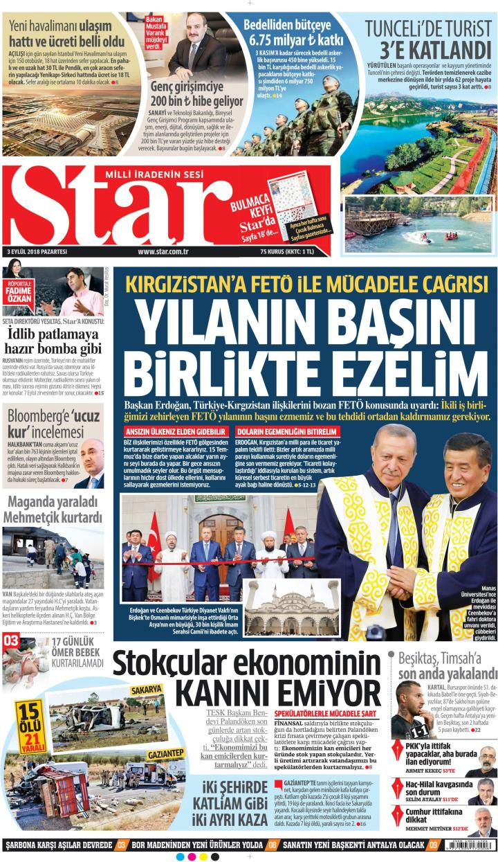 Gazete manşetleri 3 Eylül 2018 Sabah - Hürriyet - Milliyet - Sözcü