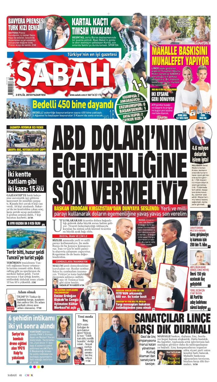 Gazete manşetleri 3 Eylül 2018 Sabah - Hürriyet - Milliyet - Sözcü