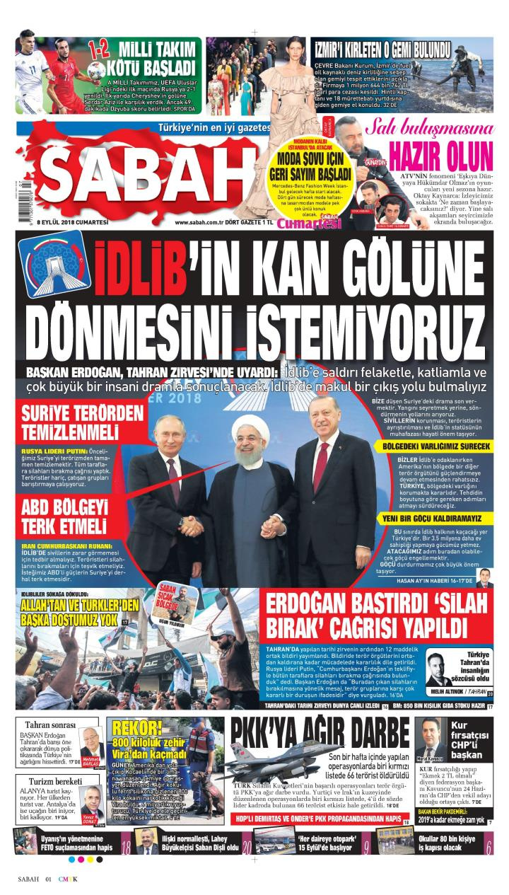 Gazete manşetleri 8 Eylül 2018 Sabah - Milliyet - Hürriyet - Sabah