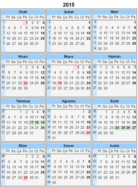 2015'in resmi tatil günleri