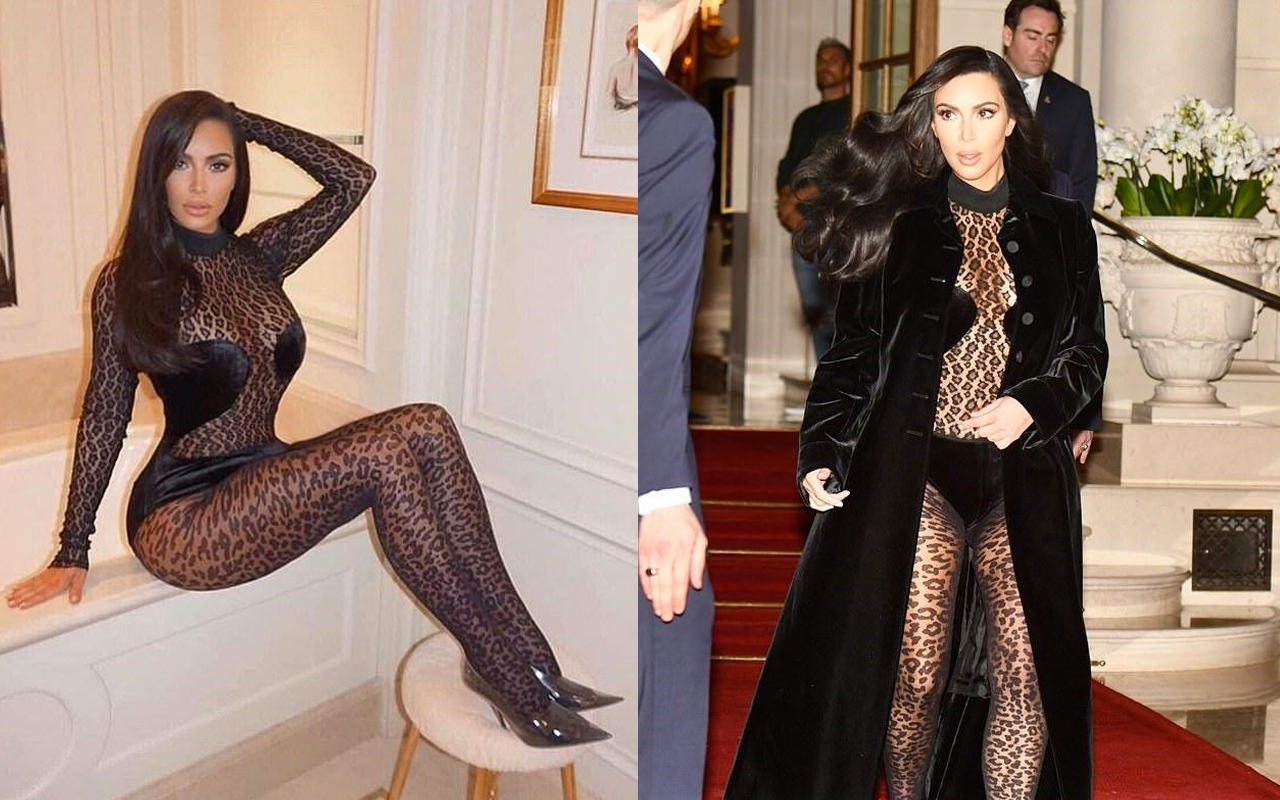 Kim Kardashian'ın cesur leopar desenli tulumu dikkat çekti