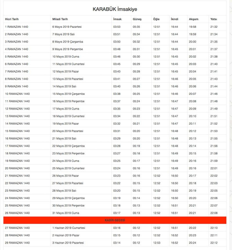 2019 Diyanet İmsakiyesi il il Ramazan İmsakiyesi sahur iftar vakitleri - Sayfa 45