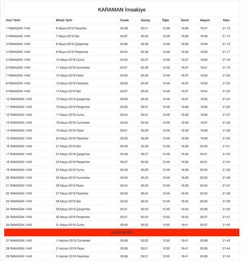 2019 Diyanet İmsakiyesi il il Ramazan İmsakiyesi sahur iftar vakitleri - Sayfa 46
