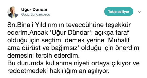 Uğur Dündar'dan Binali Yıldırım açıklaması : 'Niyeti ortaya çıktı' Uğur Dündar'dan Binali Yıldırım açıklaması : 'Niyeti ortaya çıktı'
